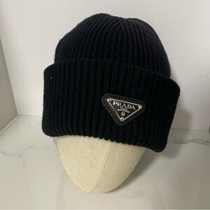 Prada Black Ribbed Knit Beanie